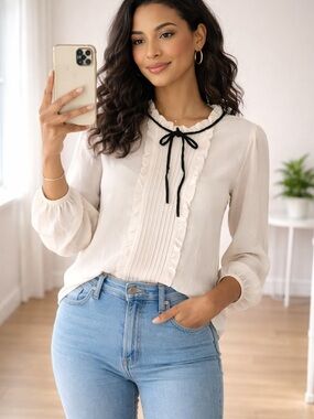 stradivarius Cream Ruffle Pintuck Blouse with Black Neck Bow